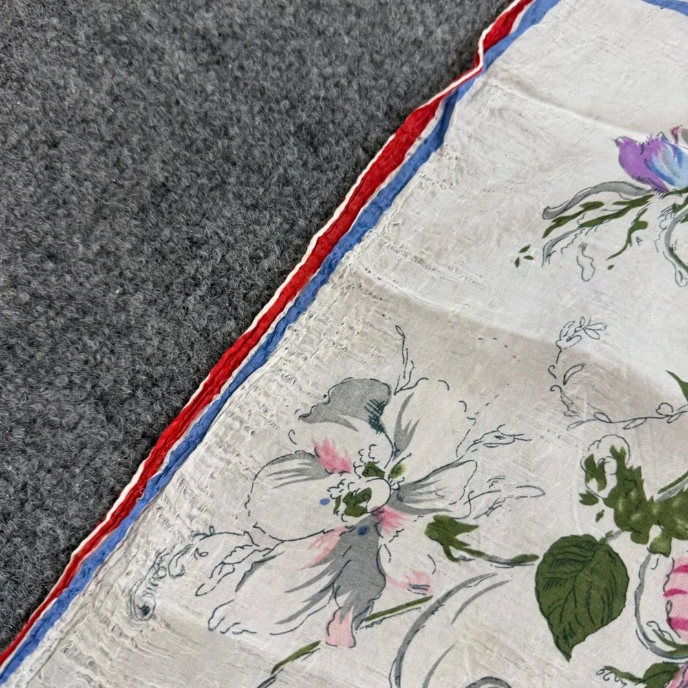 Vintage Floral Handkerchief Scarf White Pink Blue Anemone Flower Red Blue Border